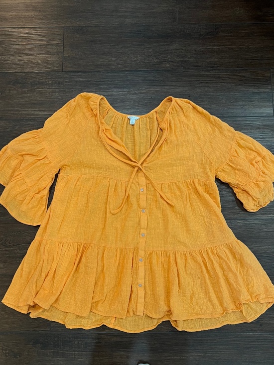 Cato Tops - Orange Ruffle Tunic Top L Beach Flowy Fairy Cottage Boho Feminine Summer Resort